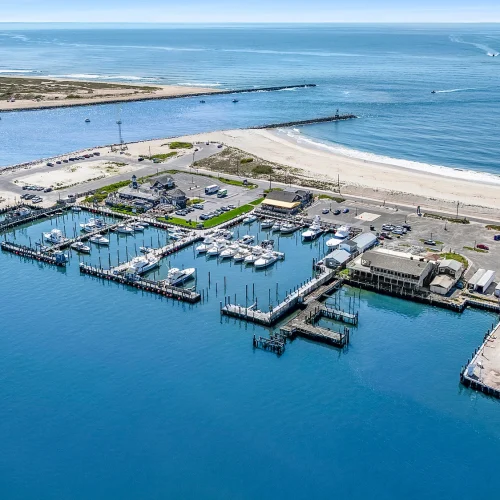 Aerial view of a marina with boats, adjacent to a sandy beach and ocean.