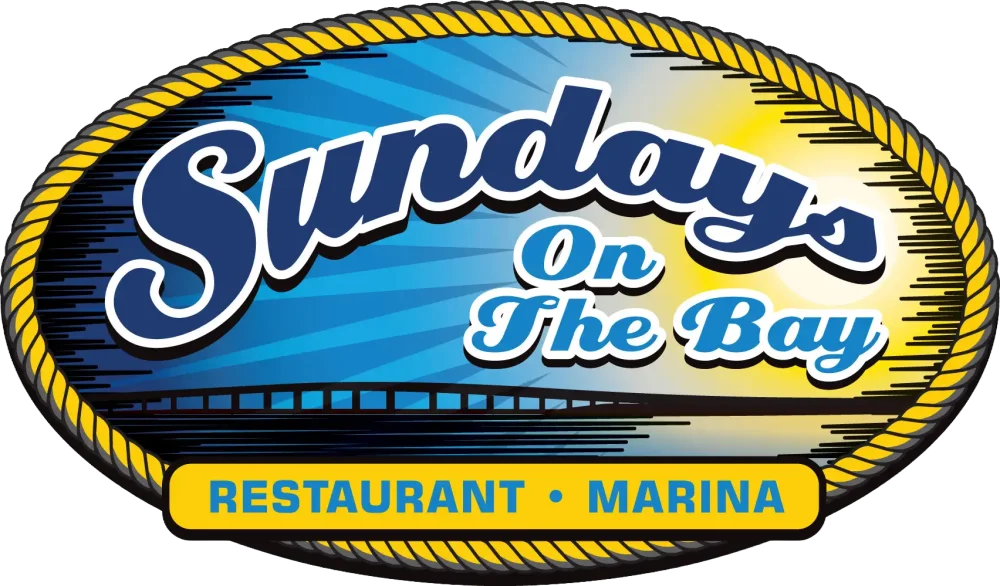 Logo of "Sundays On The Bay" with a rope border, sunray background, and text for a restaurant and marina.