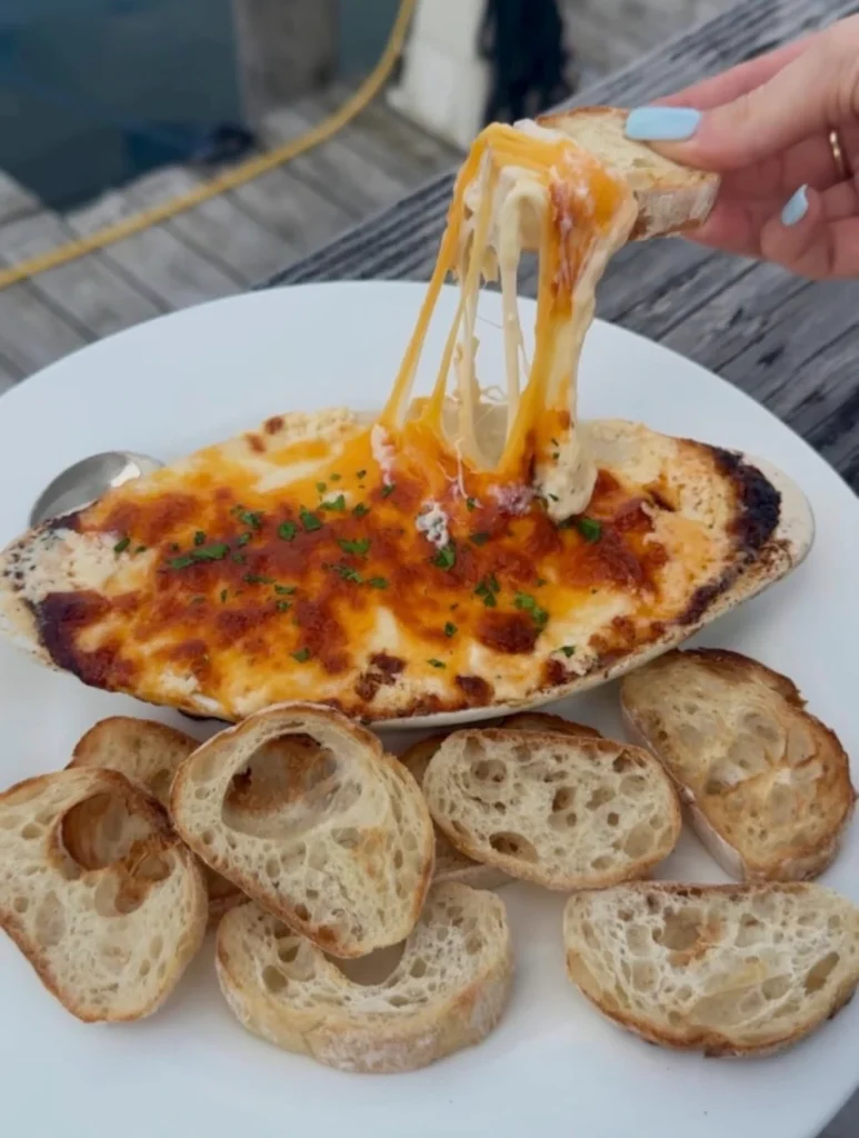 Melted cheese dip with toasted bread slices on a white plate, set on a wooden table outdoors.