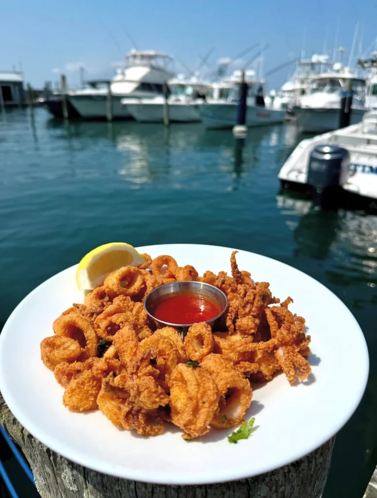 A plate of fried calamari with marinara sauce, in front of a marina with boats.